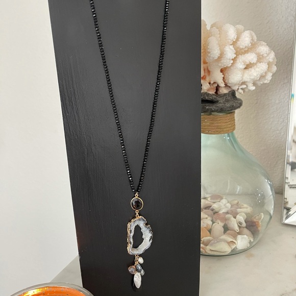Black Druzy Necklace: Long Rectangle Crystal Pendant, Gold  Black long crystal necklace with druzy
